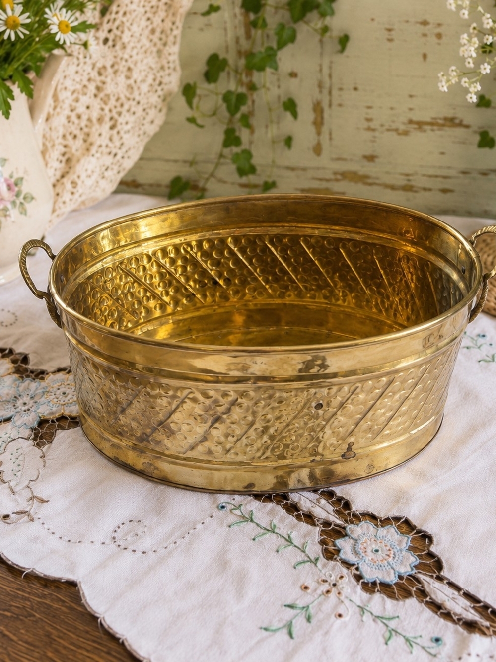 Vintage Oval Hammered Brass Cachepot Planter Rustic Decor
